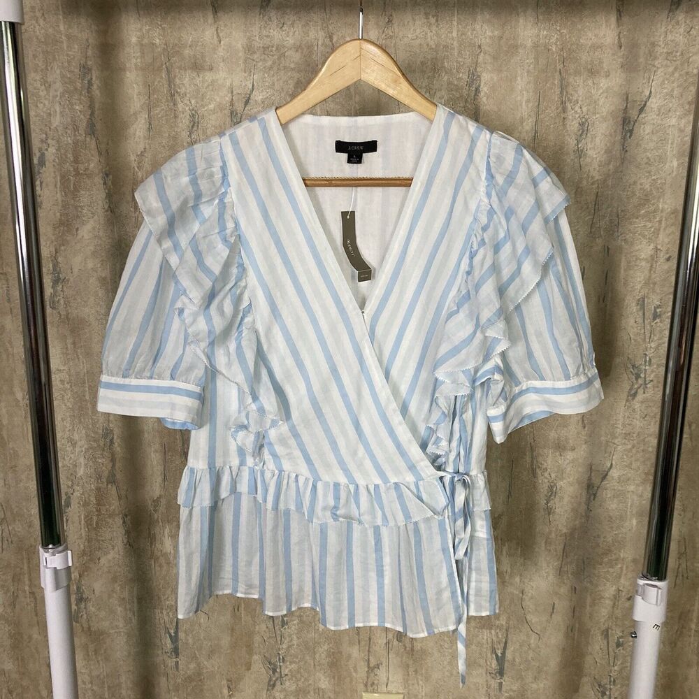NWT J. Crew Womens Large Blue White Wrap Top Blouse Stripe Ruffle Tie Cotton